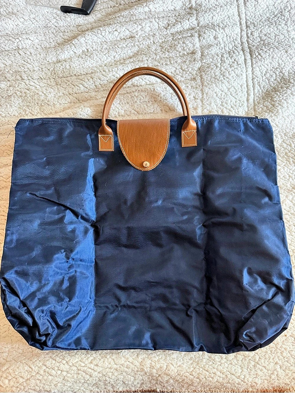 Large Travel Tote Navy Blue Canvas & Leather